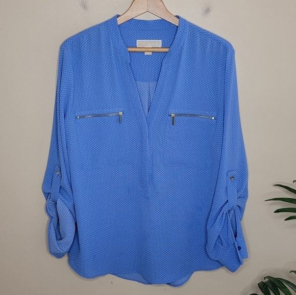 MICHAEL Michael Kors | Blue White Polka Dot Popover Blouse Size Large - Picture 1 of 4